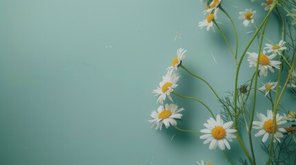 Minimalistic summer chamomile arrangement on green backdrop with text space