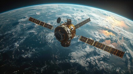 Fototapeta premium A satellite orbiting the Earth, capturing stunning images of the planet's surface, with a view of the curvature of the Earth and the vastness of space beyond. Illustration, Minimalism,