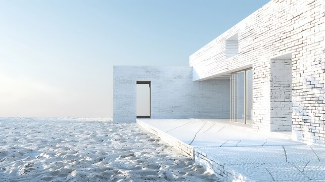 minimalist home with a facade of white-washed bricks, designed to reflect sunlight and keep the interior cool in a warm climate