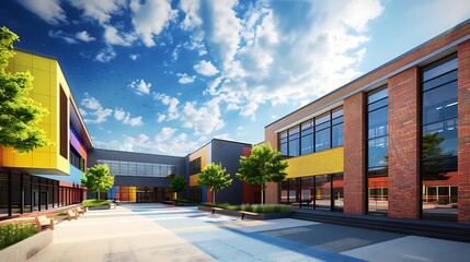 modern elementary school with colorful brick siding, designed to be both inviting and energy efficient, under a sunny sky