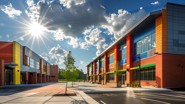 modern elementary school with colorful brick siding, designed to be both inviting and energy efficient, under a sunny sky