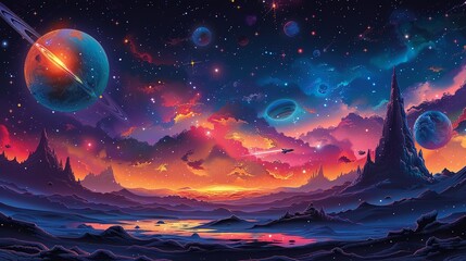 Fototapeta premium A captivating galactic scene with colorful nebulas, distant planets, and twinkling stars, with a spaceship exploring the vastness of space, embodying the wonder of the universe. Illustration,