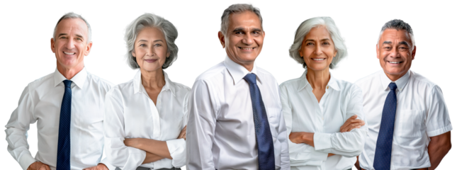 Group of diverse senior corporate work team in white shirts and ties, smiling confidently, with a professional and friendly demeanor.
