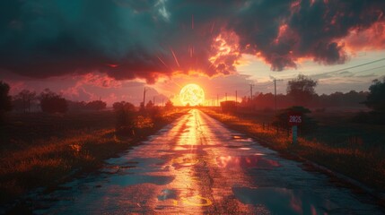 A sun sets over an isolated road, surrounded by a landscape devastated by a nuclear explosion.