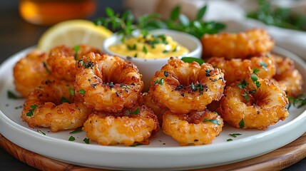 Appetizer Crispy calamari served with a zesty lemon aioli, arranged on a white plate with a garnish of fresh herbs, perfect for a delicious starter. Illustration, Minimalism,
