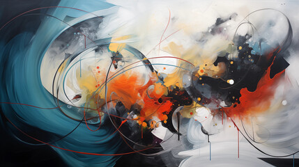 An abstract painting with flowing lines and shapes in red, orange, blue, white, black, and grey, depicting fire elements in earth against a dark gray background, creating a dynamic energy flow.