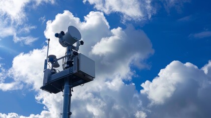 Meteorological Doppler Weather Radar Station Monitoring Weather System Movement with Puffy White Clouds Background