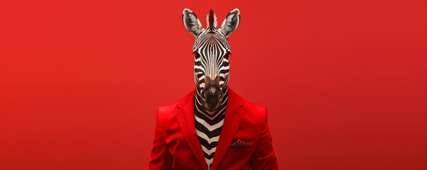 Zebra in red suit against red background, surreal animal portrait. Creative fashion and art concept