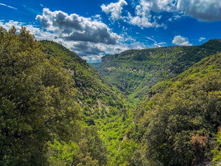 Obraz premium THE LUSH VALLEY IN THE GORGES DE NESQUE WITH A NICE CLOUDY SKY IN PROVENCE FRANCE