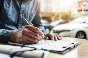 Man customer signing car document contract agreement, successful car loan contract buying or selling new vehicle and salesman pointing documents.