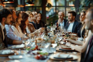 Group gathering at a long table