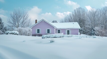 panoramic shot of a home clad in vinyl siding in a pastel lavender, standing serene and unscathed amidst a snowy landscape, displaying its charm and endurance
