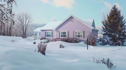 panoramic shot of a home clad in vinyl siding in a pastel lavender, standing serene and unscathed amidst a snowy landscape, displaying its charm and endurance
