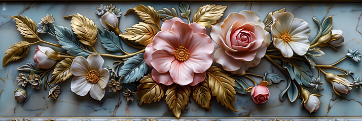 panel wall art, wall decoration, marble background with flowers designs