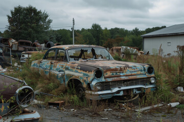 old rusted car in a field