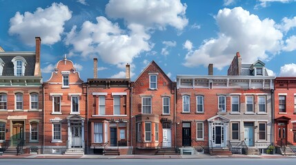 Fototapeta premium panoramic view of a historic district where each building has a different era's brick siding, telling a story of architectural evolution