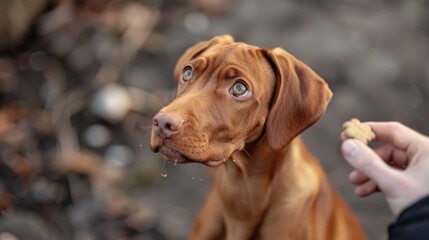 Training a young Vizsla dog to sit and stay with a treat