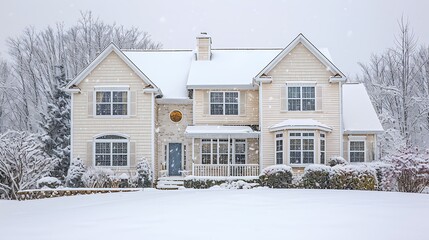 panoramic view of a home with vinyl siding in elegant pearl white, looking pristine against a backdrop of heavy winter snowfall