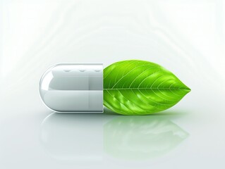 photorealistic, close-up medical capsule with green leaves on monochrome background, medicine and health care concept, bio technology, banner herbal pill with leaves on free space