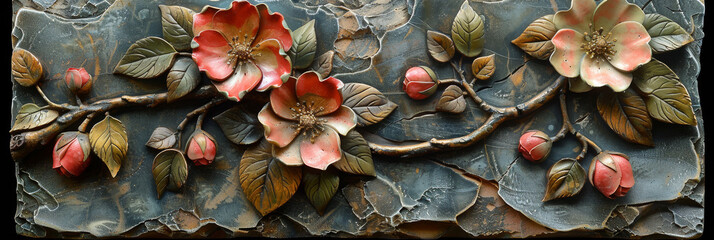 Fototapeta premium panel wall art, wall decoration, marble background with flowers designs