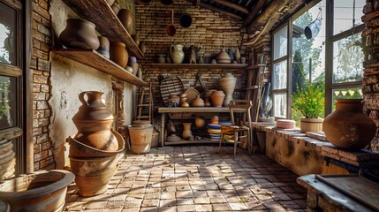 quaint pottery studio with thick brick walls, providing an ideal climate for drying and firing clay works, nestled in a rustic village setting