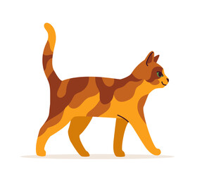 Cute cat concept. Adorabe domestic animal walk. Brown and orange spotted pet. Lovely kitten stands. Template and layout. Cartoon flat vector illustration isolated on white background