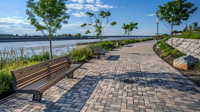 riverfront promenade enhanced with durable brick paving and stone benches, providing a scenic route for pedestrians and cyclists