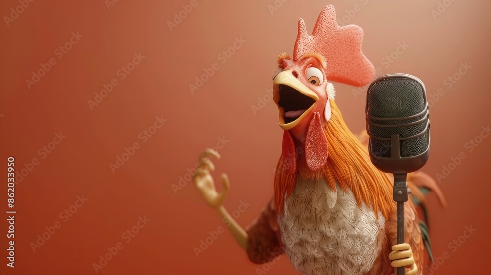 Wall mural 3d rooster singing to the microphone. Empty Copy Space for text. Generative AI. - Wall murals