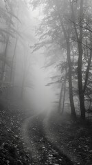 Fototapeta premium The fog uncovers hidden details and unknown paths within the forest. Black and white art