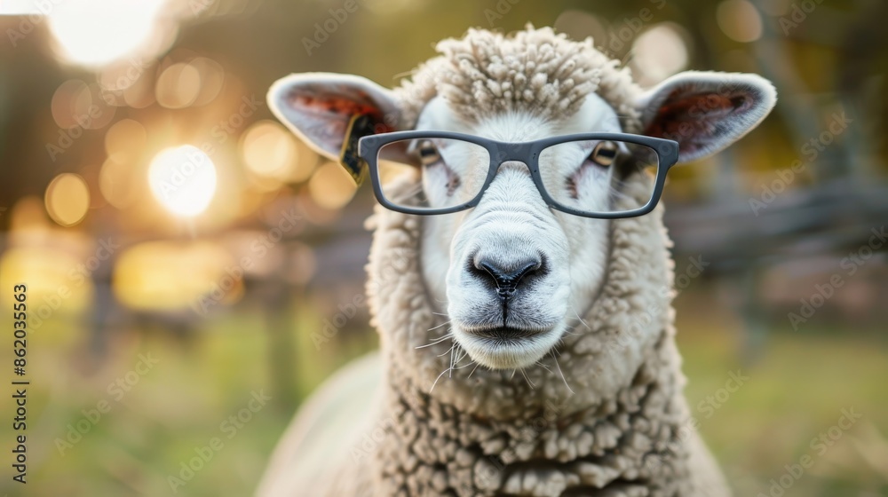 Canvas Prints sheep wearing glasses posing for camera with blurred background