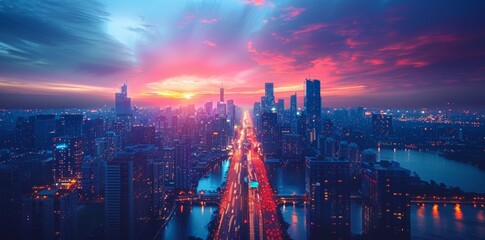 Obraz premium A mesmerizing sunset cityscape with vibrant lights and a dynamic skyline, capturing the pulsating energy of urban life.