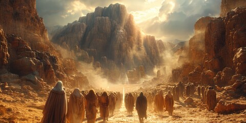 A diverse group of individuals, led by Prophet Moses, walking through the arid desert landscape.