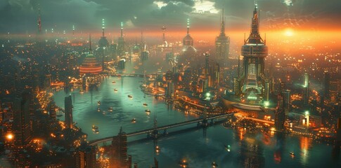A mesmerizing futuristic metropolis stretching endlessly, with towering skyscrapers set against a backdrop of lush green forests and a stunning sunset sky.