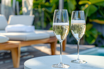 Glasses with sparkling wine on the table in the poolside lounge area