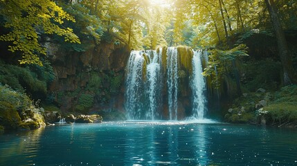 Fototapeta premium Sunlit Waterfall Cascading into a Tranquil Pool