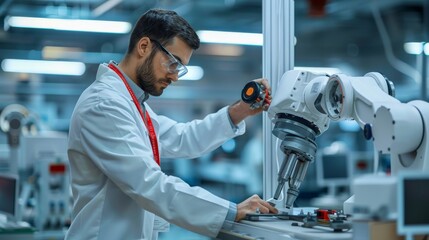 A robotics engineer in a lab coat with a red ID lanyard calibrating machinery in a high-tech workspace
