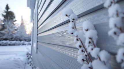 segment of vinyl siding in soft gray, with a layer of snow softening its industrial look, providing a harmonious blend with the winter scenery