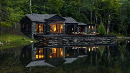 Obraz premium serene lakeside retreat with stacked stone siding, reflecting the tranquility of the surrounding forest and water