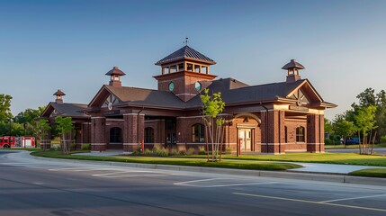small-town fire station with a durable and decorative brick exterior, symbolizing safety and resilience within the community