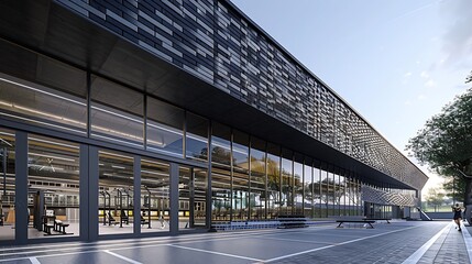 Fototapeta premium state-of-the-art gymnasium with an exterior of black and gray bricks, creating a dynamic pattern that reflects the energy within