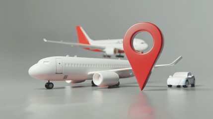 Fototapeta premium 3D logo of a red location pin and white cargo plane, truck and car on a grey background