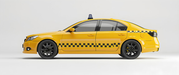 A yellow taxi cab with a black and white checkered pattern on the side