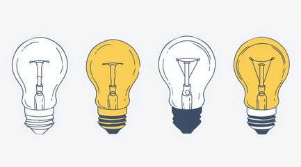4 lightbulbs in different stages of working, a simple line art illustration depicting this in a minimalistic style with a yellow color palette and white background using vector graphics
