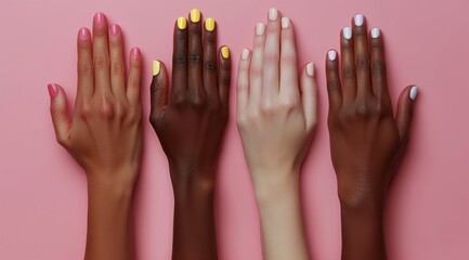 Four Hands With Different Skin Tones and Nail Polish Colors on Pink Background