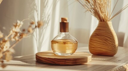 Glass bottle with scented oil on display Natural beauty product concept Wooden shape on soft backdrop