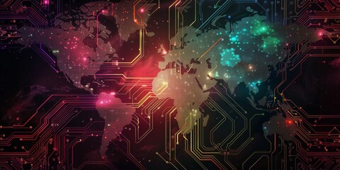 Obraz premium A colorful digital world map on top of an intricate circuit board, representing global connectivity and the power to shape technology's impact in various countries