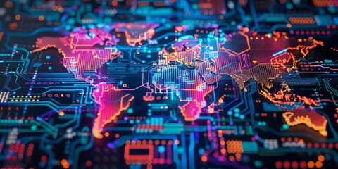 A colorful digital world map on top of an intricate circuit board, representing global connectivity and the power to shape technology's impact in various countries