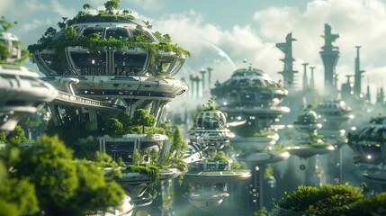 A futuristic city with floating gardens and AI traffic control, Green hues, Futuristic, 3D rendering, Ecofriendly