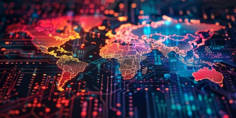 Obraz premium A colorful digital world map on top of an intricate circuit board, representing global connectivity and the power to shape technology's impact in various countries