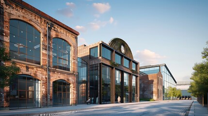 Obraz premium urban renewal project featuring a series of old warehouses converted into artist lofts, with preserved brick exteriors and modern glass additions